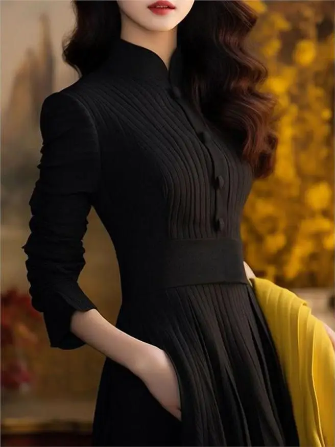 

Элегантное черное вязаное платье-свитер с длинным рукавом и воротником-стойкой для женщин, модное, приталенное, с завышенной талией, А-силуэт, зимнее