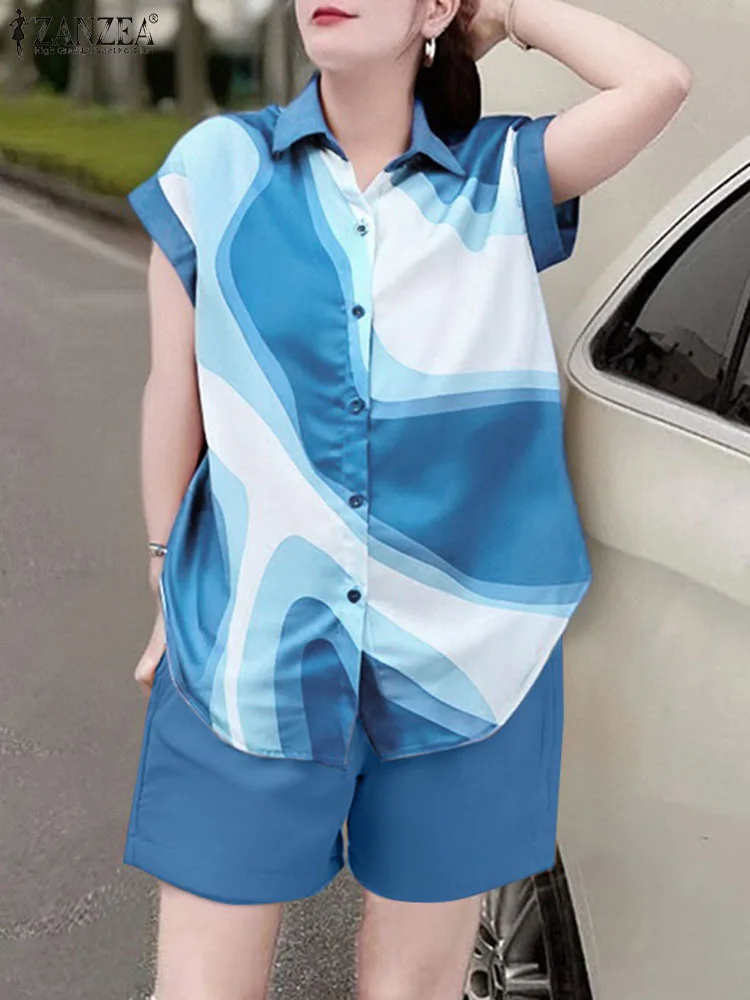 

ZANZEA, летние короткие комплекты с принтом, винтажная женская одежда из двух предметов, модный топ с короткими рукавами и шорты с лацканами, повседневные комплекты из 2 предметов