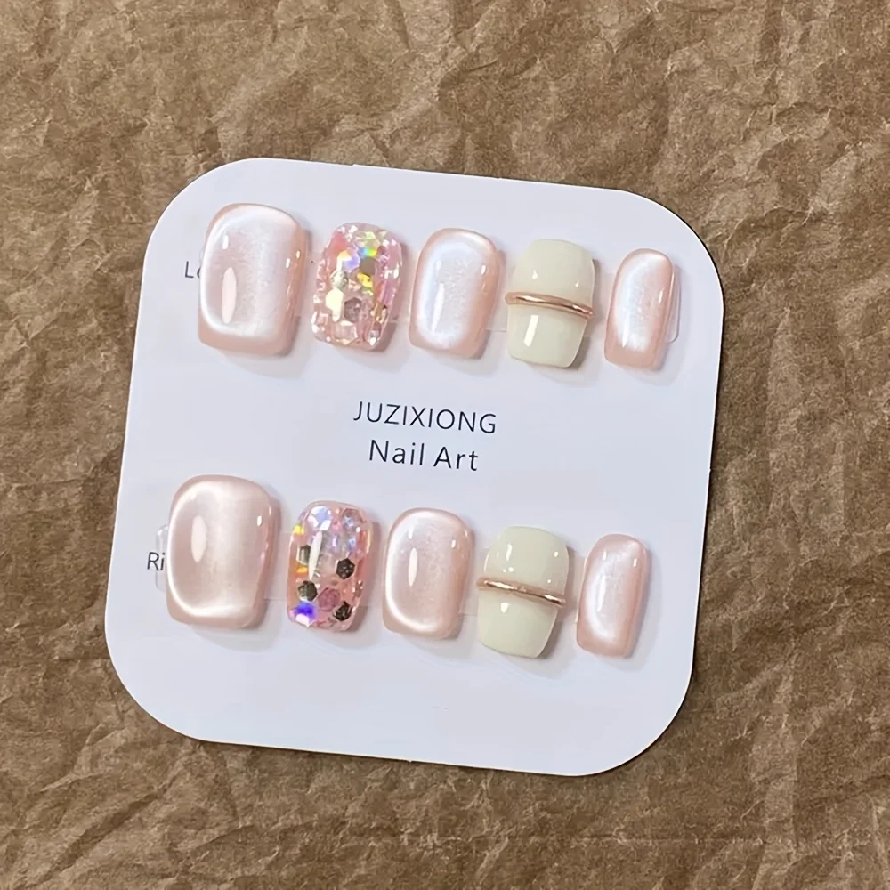 

10pcs high-end Light luxury pink cat eyes handmade fake nails, Short pink nail decoration patch for women