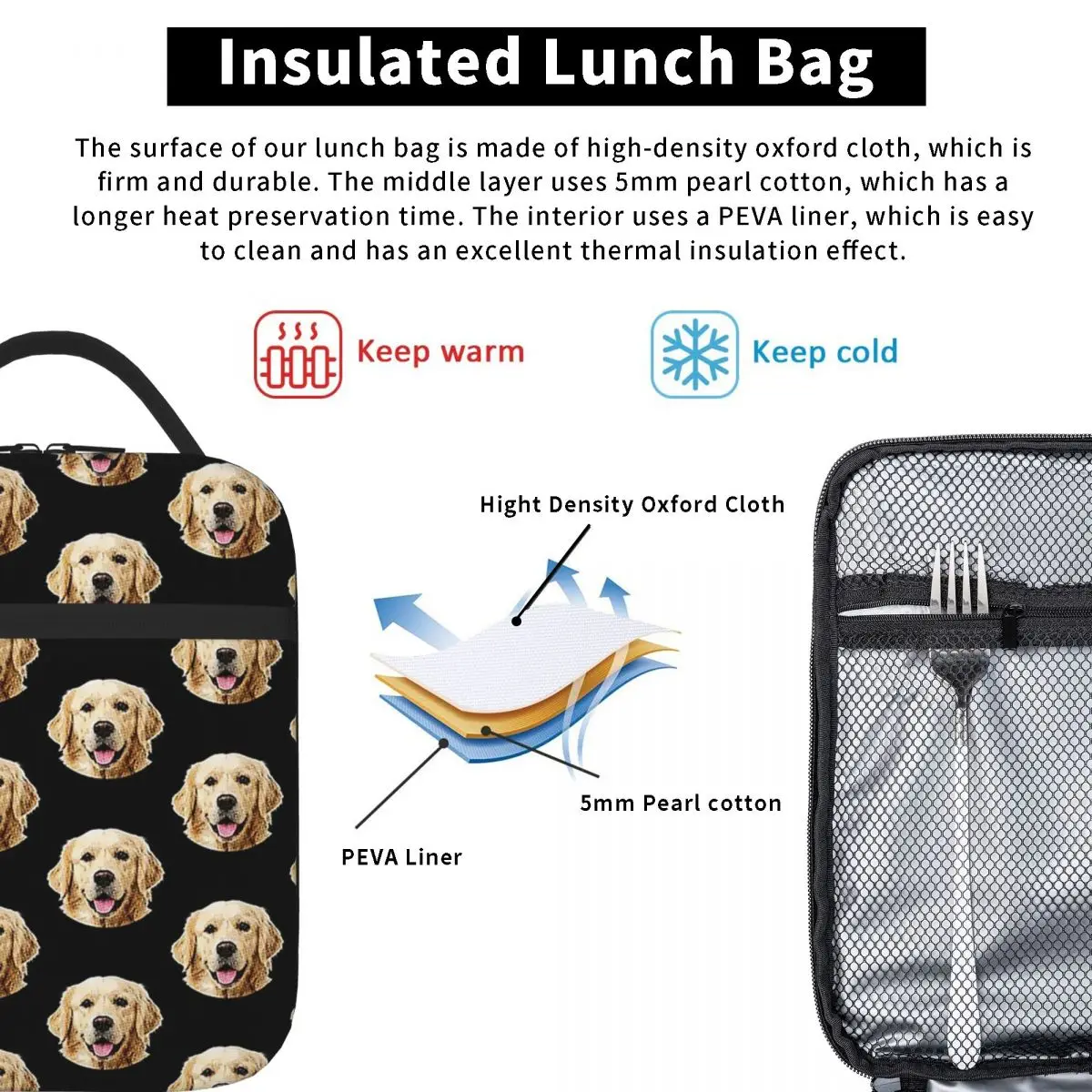 Funny Golden Retriever Face Portrait fiambrera aislada, Bento Box, Tote impermeable, bolsas de Picnic a prueba de fugas, bolsa térmica