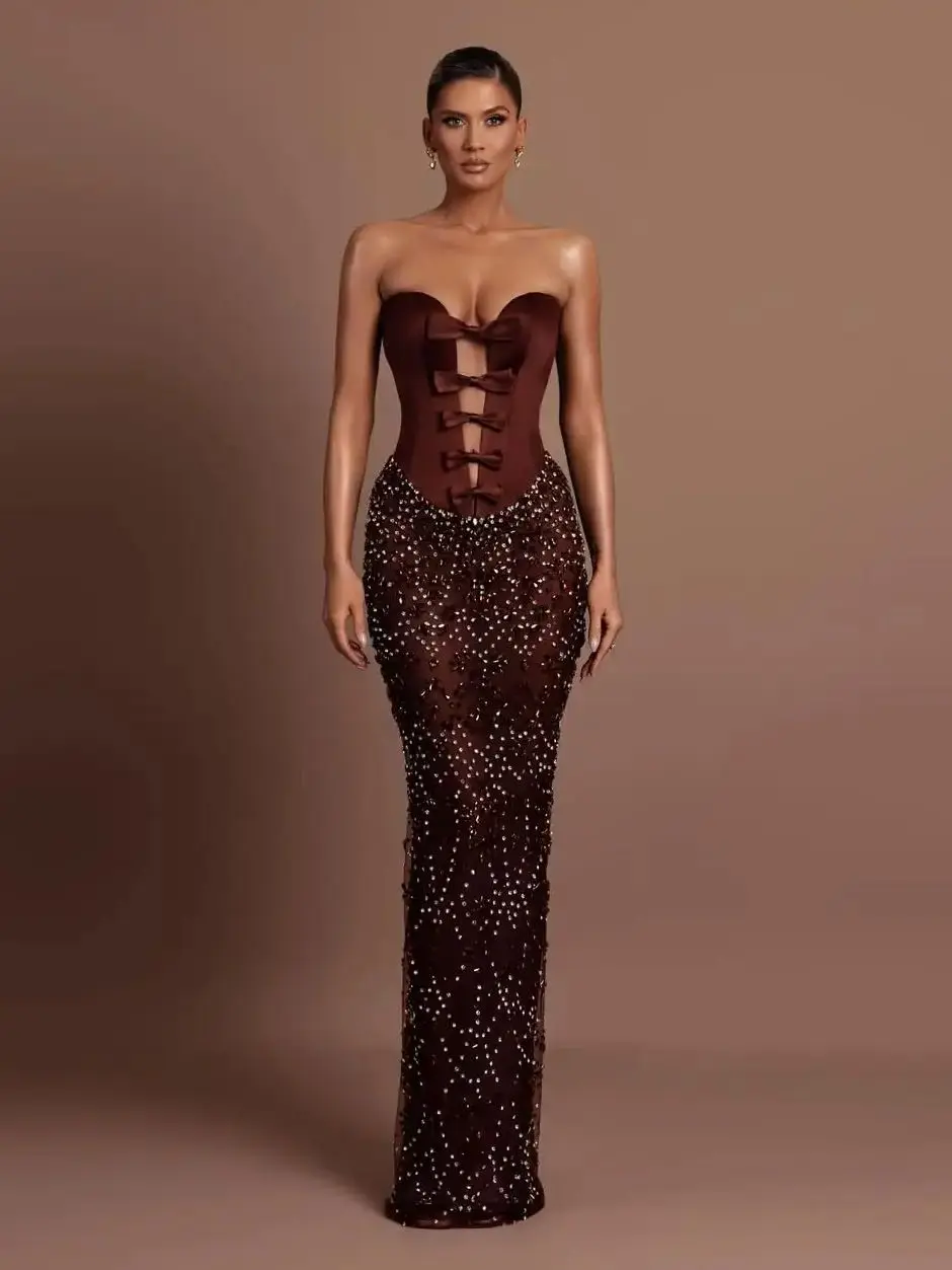 

Ofherown Wine Red Strapless Bow Tie Corset Evening Dress with Rhinestone Mermaid Formal Prom Gown for Party Gala 2026 Customized