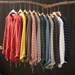 Large size tops women autumn long sleeve cotton yarn polka dots shirts and blouses loose cardigan vintage shirts for women