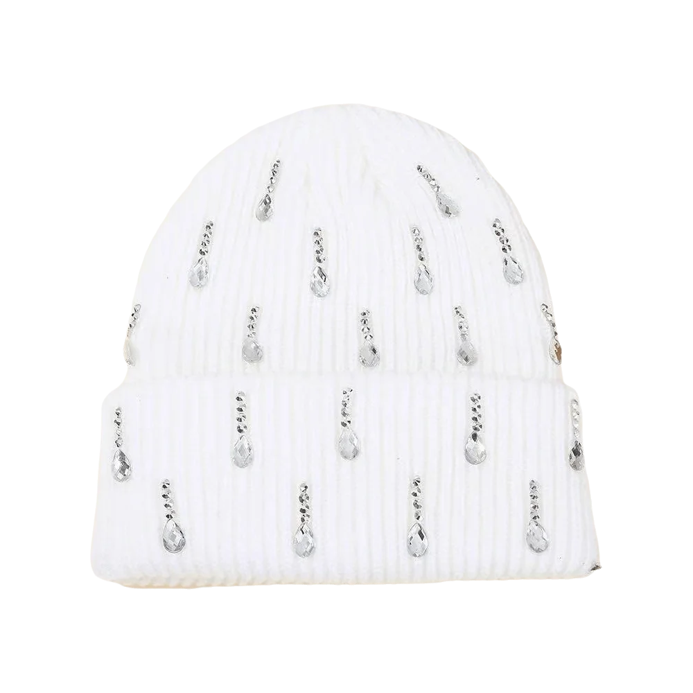 Sparkling Women Knitted Beanie Hat Rhinestone Embellishment Foldover Cuff Winter Hat Double Layer Stretch Fit Cuffed Beanie