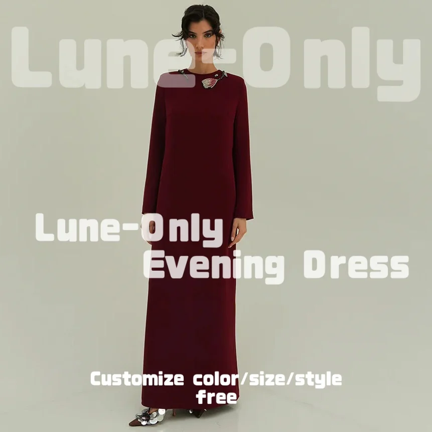 فساتين سهرة مخصصة باللون العنابي فضفاضة من الخرز الوردي وأكمام طويلة ورقبة مستديرة أنيقة للحفلات الراقصة فستان رسمي #1