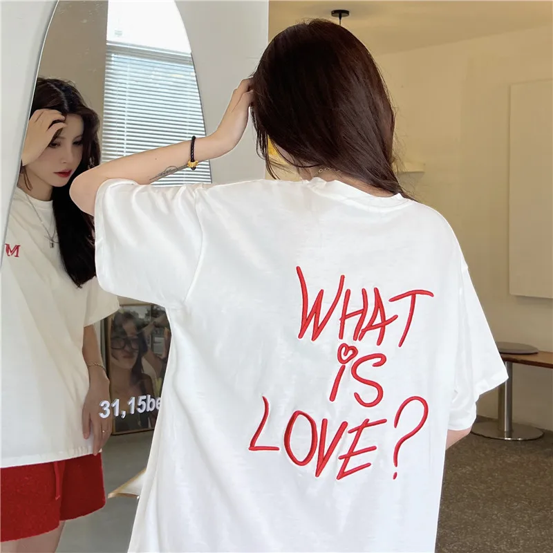 

Harajuku Loose Oversized T-shirts Women Summer New Round Neck Letter Embroidery Short Sleeve Tees Tops