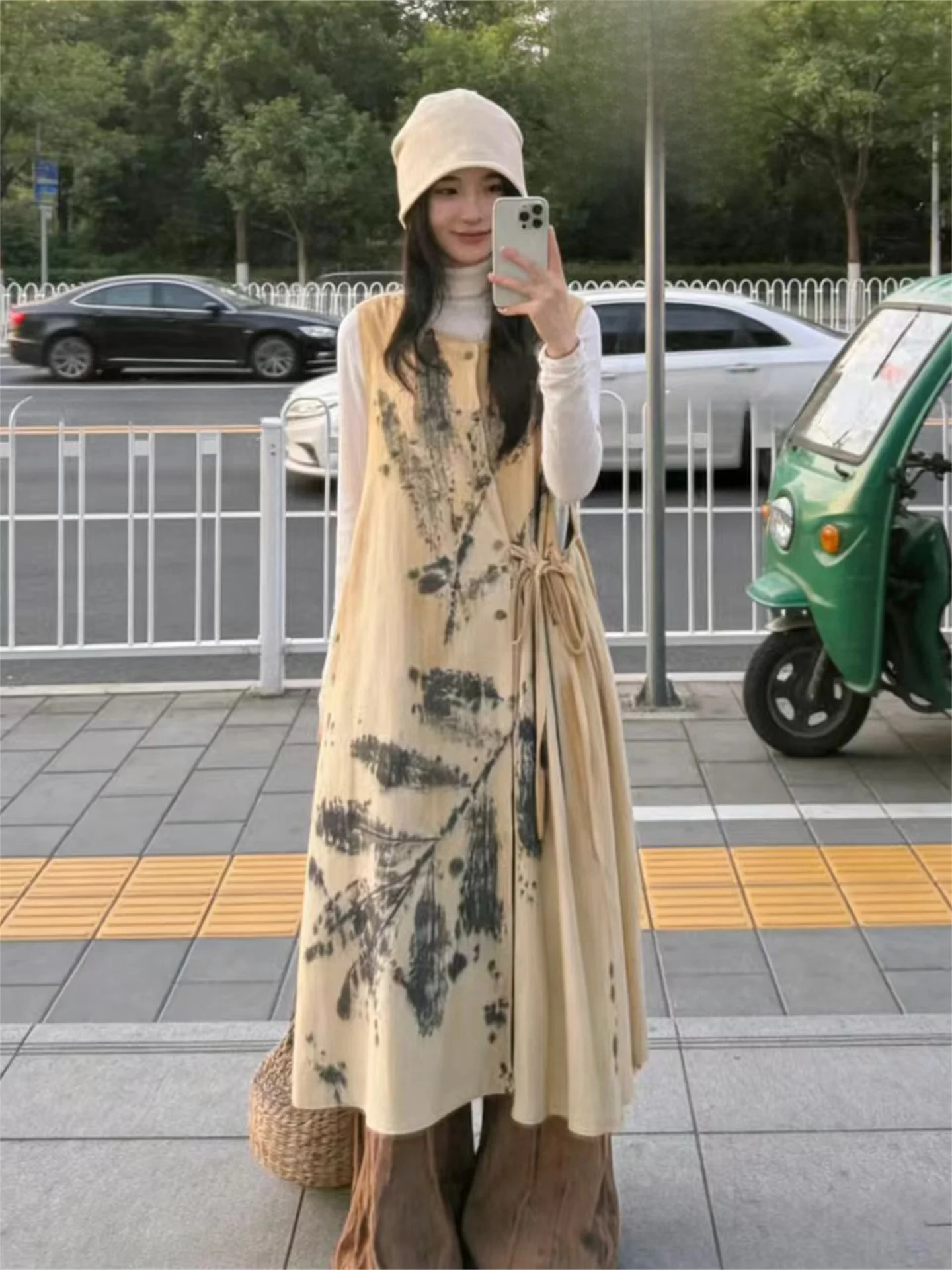 

Casual Korean Style Water-Media Print Base Shirt Dress Women's Spring New Waist-Cinching High-End Feeling Great Looking Set