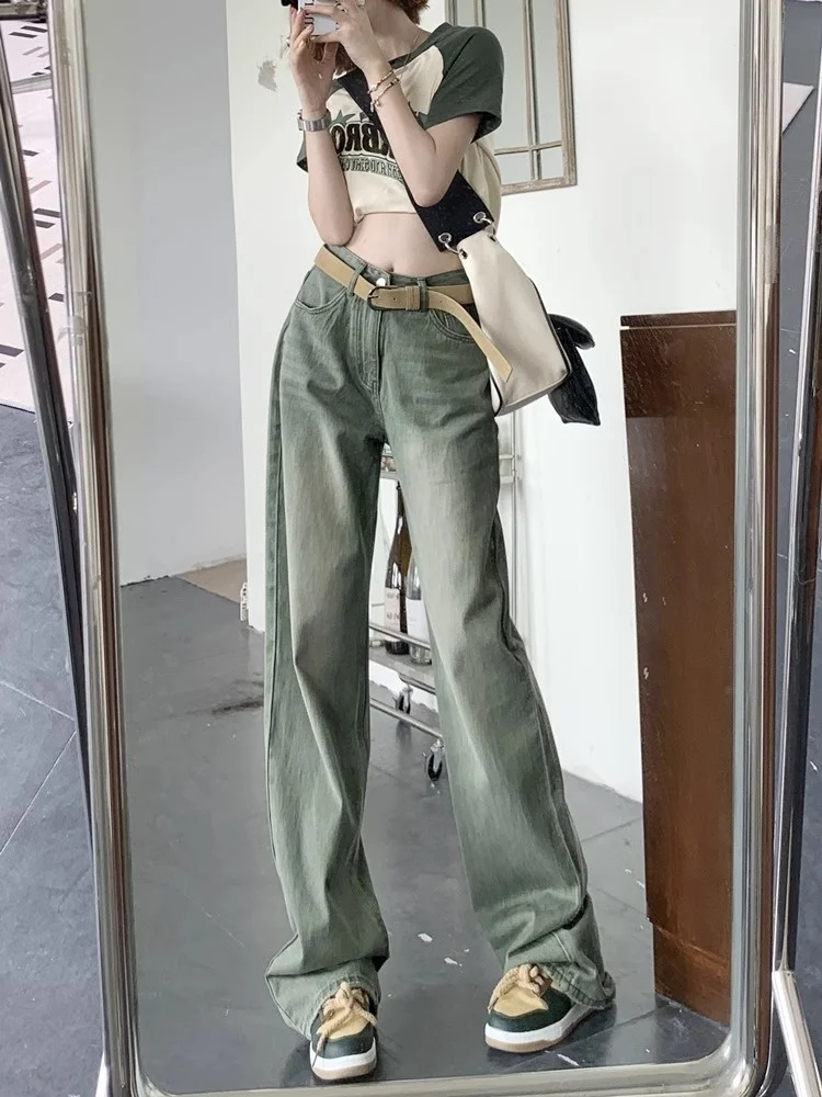 

American High Street Straight Leg Denim Jeans Women's Spring Autumn Retro High Waist plus Size Design een Floor-Length Pants