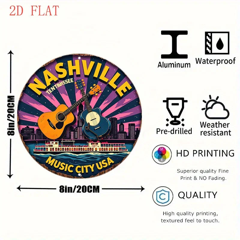 2D Flat - 1pc of an 8-Inch Round Aluminum Sign Featuring The Nashville Music City Skyline with Guitars And a Riverboat Design, P