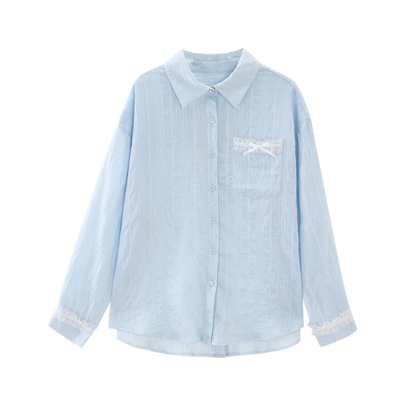 ALXNAN เสื้อสีฟ้าบางป้องกันแสงแดดหลวม Fit เสื้อแขนยาวฤดูร้อน Elegant Holiday Beach เสื้อลําลองสุภาพสตรี L56650