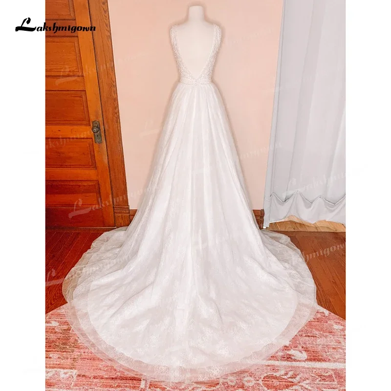 Boho a linha vestidos de casamento personalizado para as mulheres 2025 vestido de noiva sexy com decote em v cintas de espaguete sem costas rendas miçangas varredura vestidos