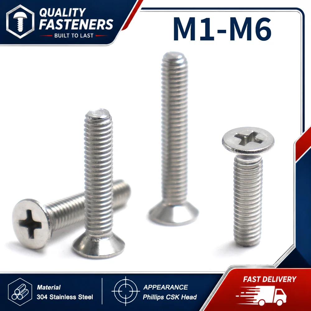 10-50pcs 304 Stainless Steel M1 M1.2 M1.4 M1.6 M2 M2.5 M3 M3.5 M4 M5 M6 Cross Phillips Flat Countersunk Head Screw Bolt