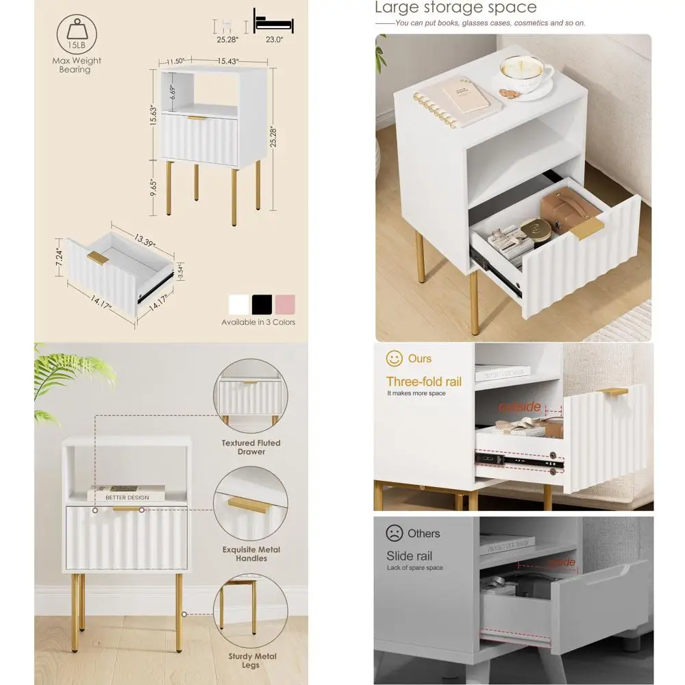 

Gold-Accented White Nightstand with Drawer and Shelf for Bedroom and Living Room