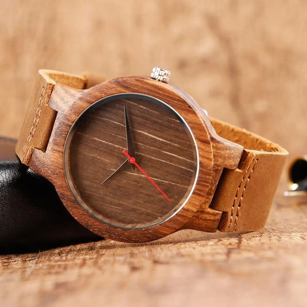 Casual Unisex Watches Round Dial Natural Wooden Watch Men Women Faux Leather Wrist Watch No Number Analog Quartz Wrist Watch