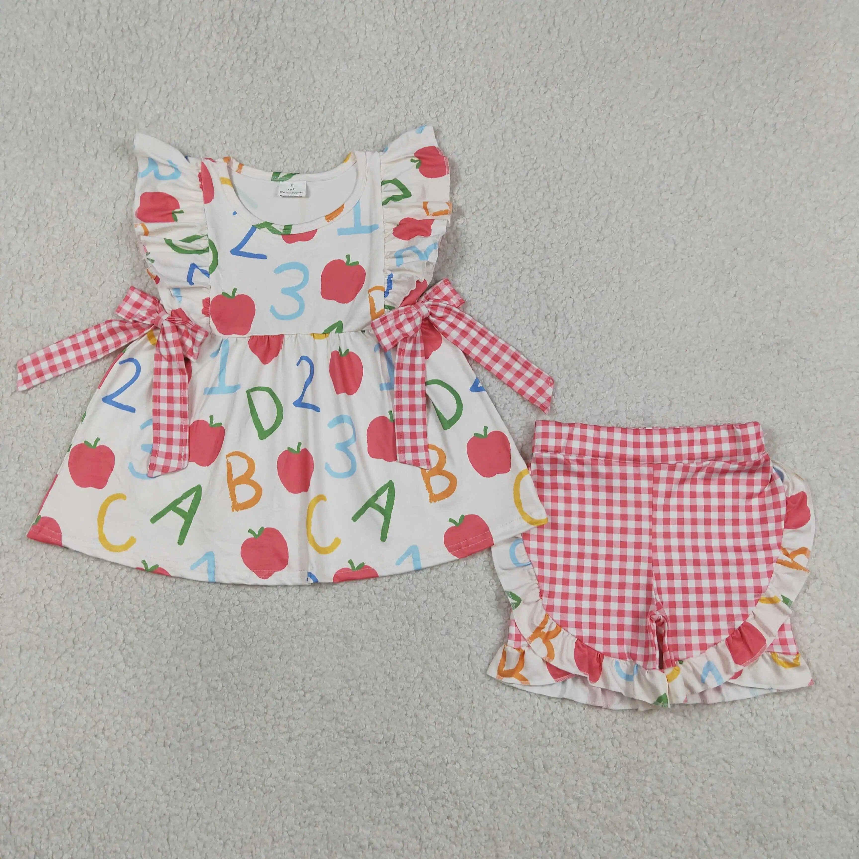 Wholesale Children Back to School Toddler Kids Sets Baby Girl Short Sleeves Bows Tunic Red Plaid Ruffle Shorts Outfits Clothing