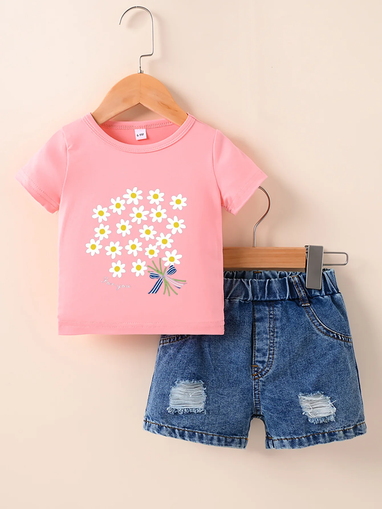 New Boys and Girls Short sleeved Pink T-shirt Round Neck Pullover+Denim shorts set