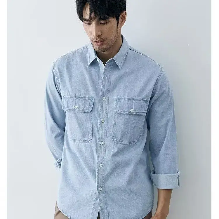 Men's Oversize Lazy Style Long Sleeve Denim Shirt Spring Autumn Workwear Jacket American Retro Couple Outfit Standard Fit