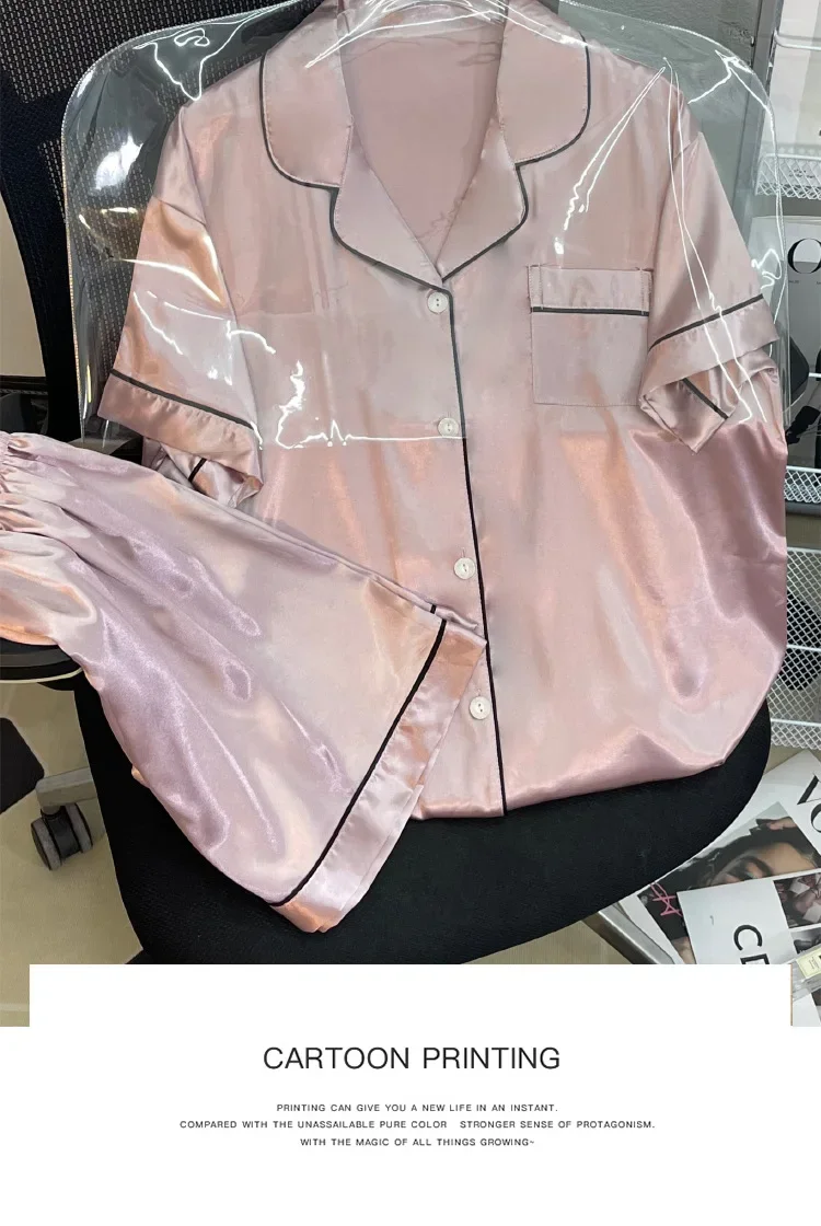 レディースパジャマセット-春夏-2ピース-無地-ピンク-パジャマ-ポケット付き-フェイクシルクサテン-ルームウェア-半袖-パジャマ-女性用-ホームウェア