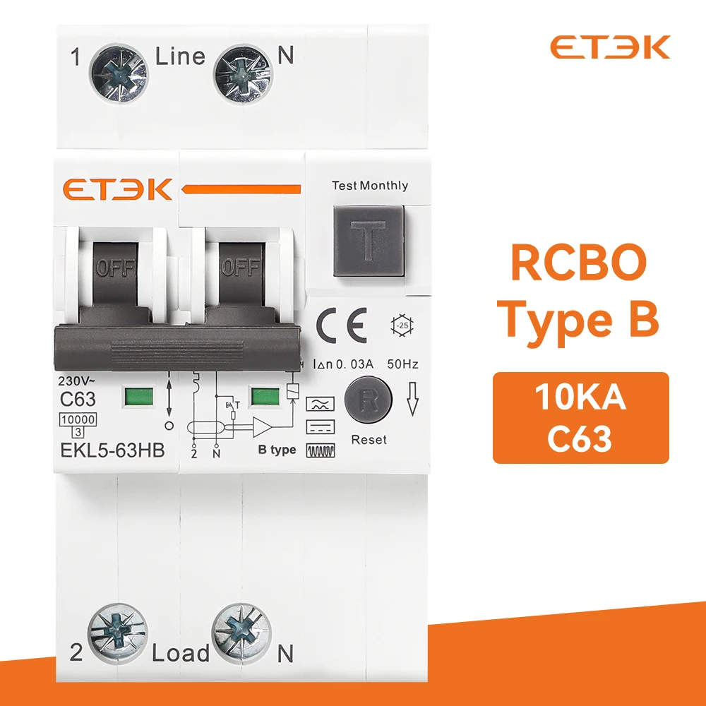 ETEC Type B RCBO Residual Automatic Circuit Breaker 10KA 3P+N 4P 40a 63a Over Current Leakage Protection 30mA EKL5