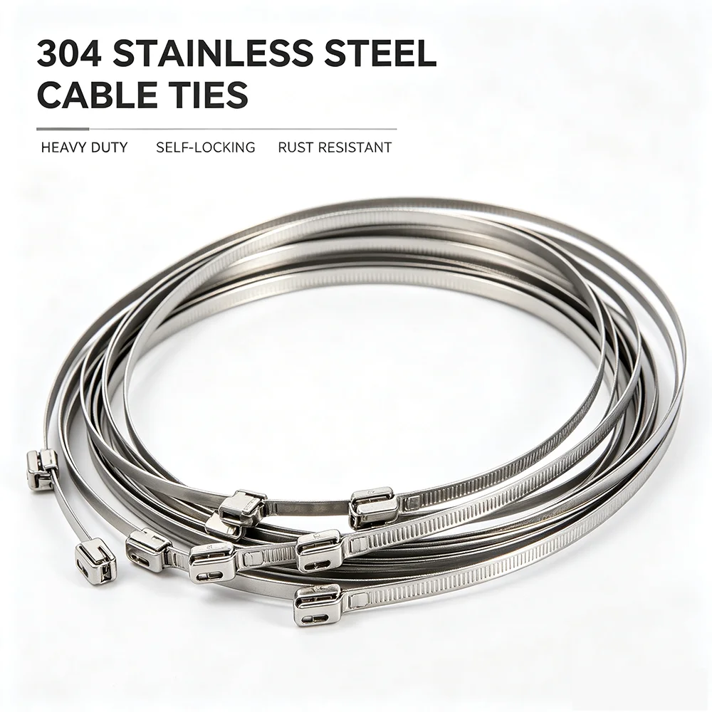 304 Stainless Steel Self‑Locking Cable Ties,Heavy Duty Metal Zip Ties for Exhaust Wrap Multi‑Purpose Industrial Fastener