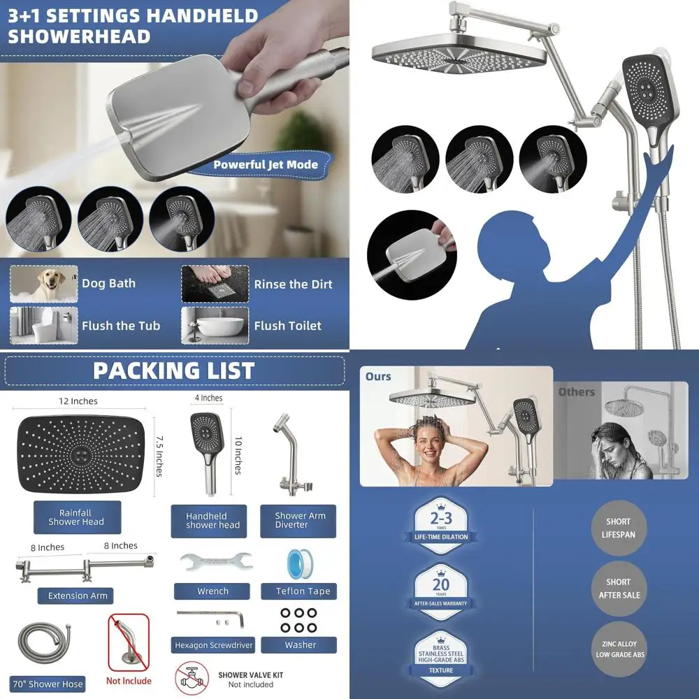 

12 Dual Shower System with Adjustable Height and Angle, Handheld Spray Combo, 3+1 Settings, Power Wash Included, Brushed Nickel