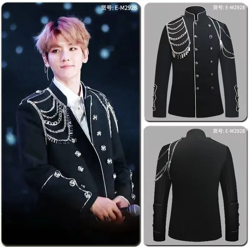 Men Court Stand Collar Black Double Button Metal Chains Jacket Outerwear Bar Singer Dance Concert Stage Performance Coat S-5XL