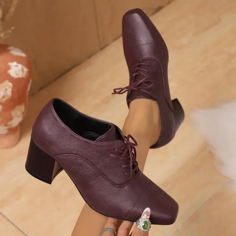 

2025 Spring and Autumn New Fashion Women Block Heel Deep Mouth Lace-up Mom Shoes Single Shoes Women Plus Size