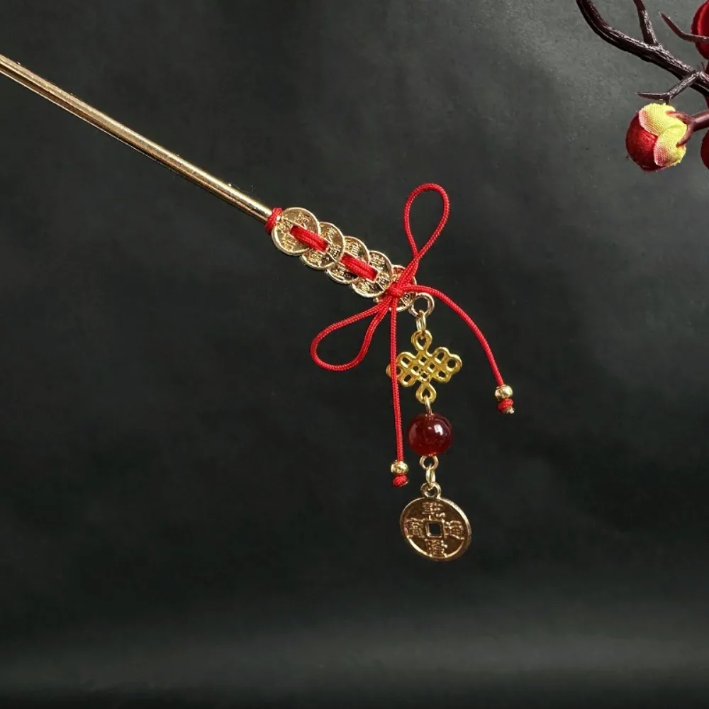 Antique Ancient Hair Stick Copper Coin Chinese Style New Year Hairpin Red Hair Accessories Tassel Hanfu Hair Fork