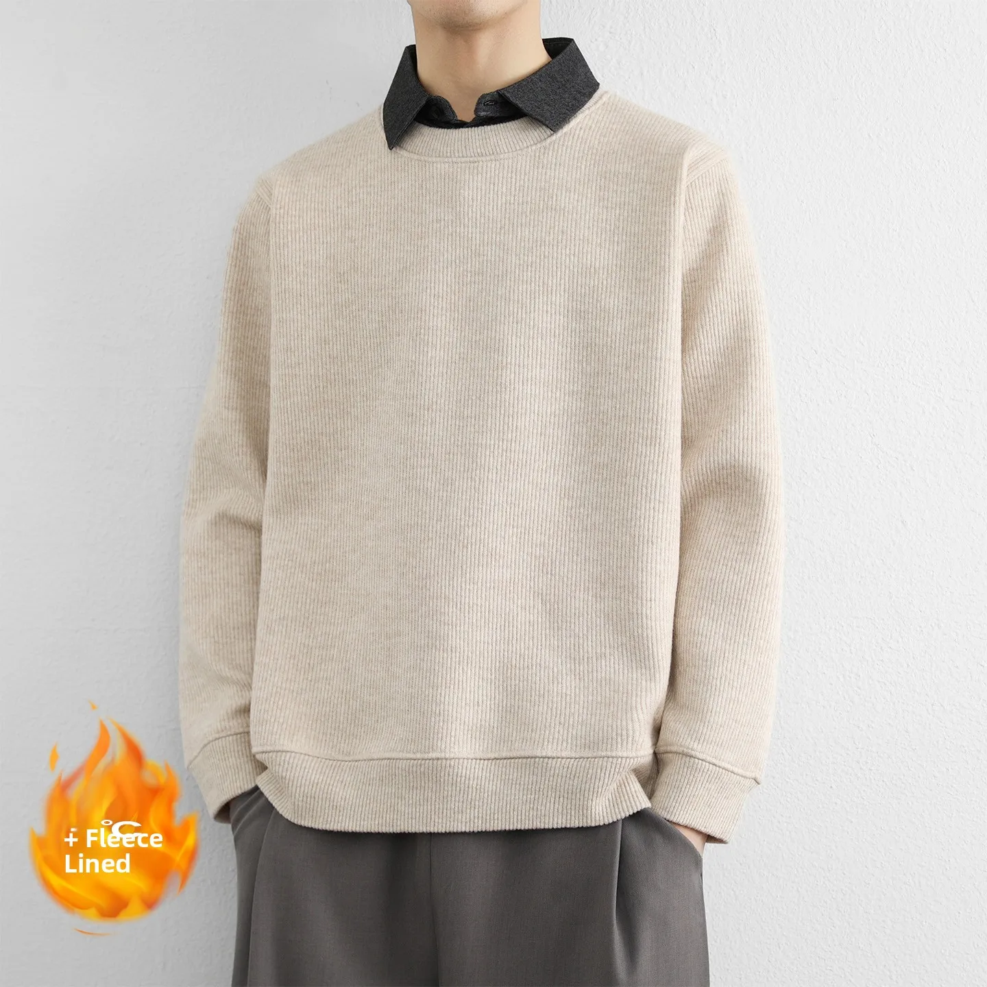 

Мужской вязаный свитер с имитацией двухслойности, с воротником-стойкой, утепленный, повседневный, модный, в городском стиле, зимний, с длинным рукавом, круглый вырез