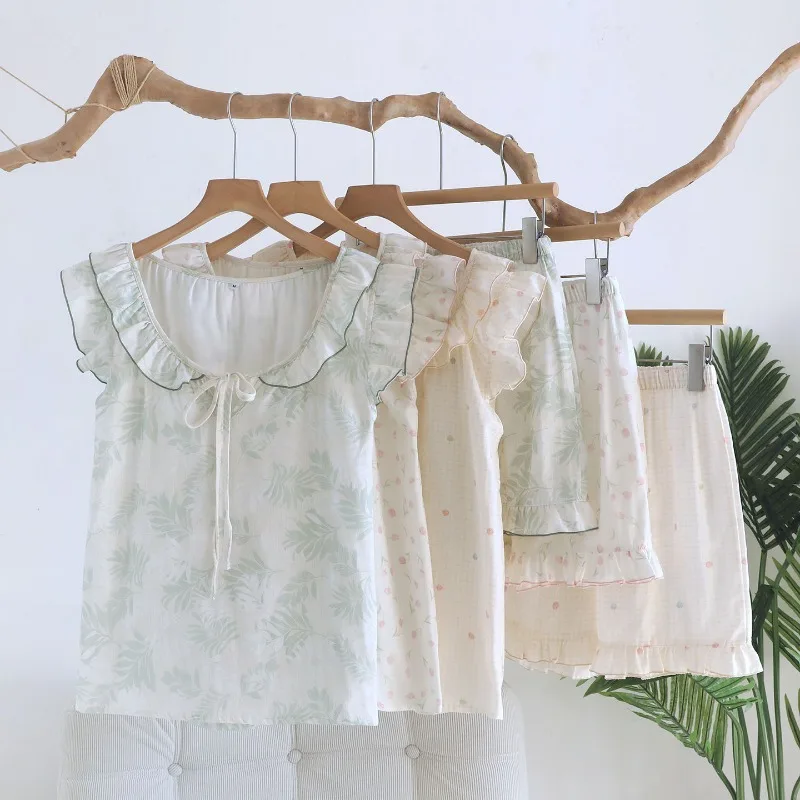 

2026 Summer New Women's Pajama Set 100% Cotton Gauze New Sweet Thin Tank Top Shorts Loose Two Piece Home Clothes Sleepwear