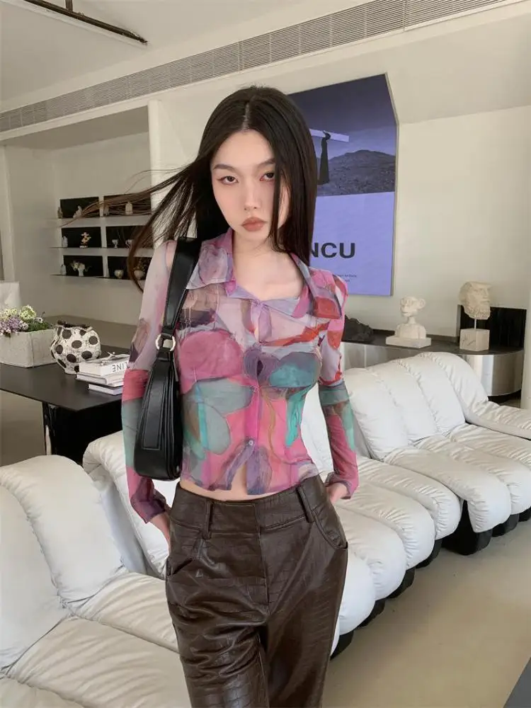 Yedinas Print Shirt Women Long Sleeve Crop Top See Through Button Up Blouse Women Thin Mesh Tops Spring Summer Y2k Shirts 2023