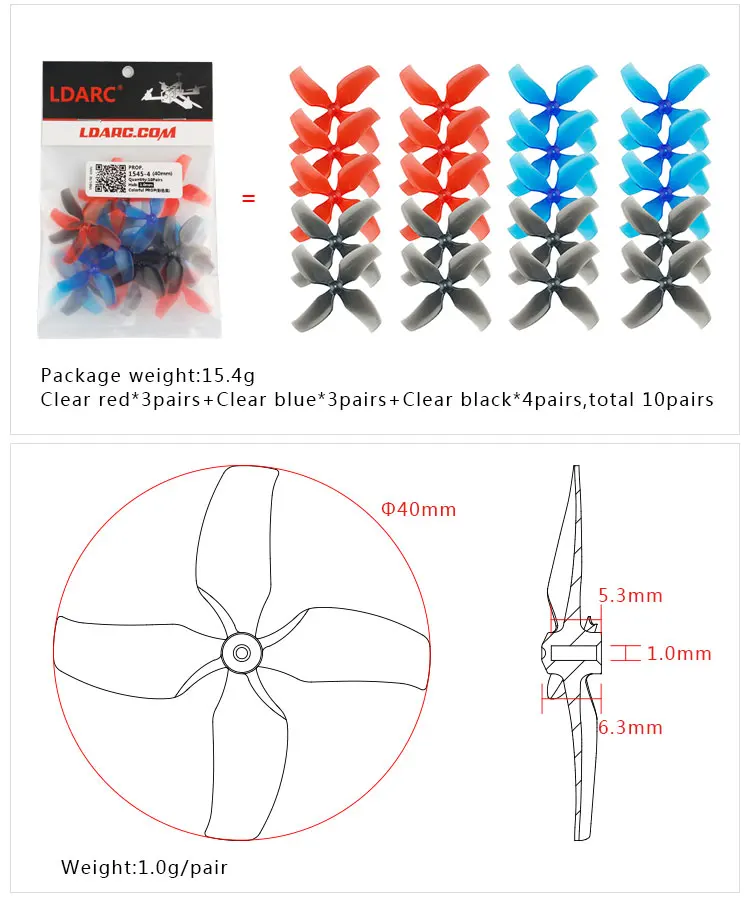 Ldarc 1,0 40mm 4-Blatt 10 Paar Propeller mm Nabe RC Drohne Inductrix Beta75x winzige GT7 Mobula7 Requisiten – Detail 3