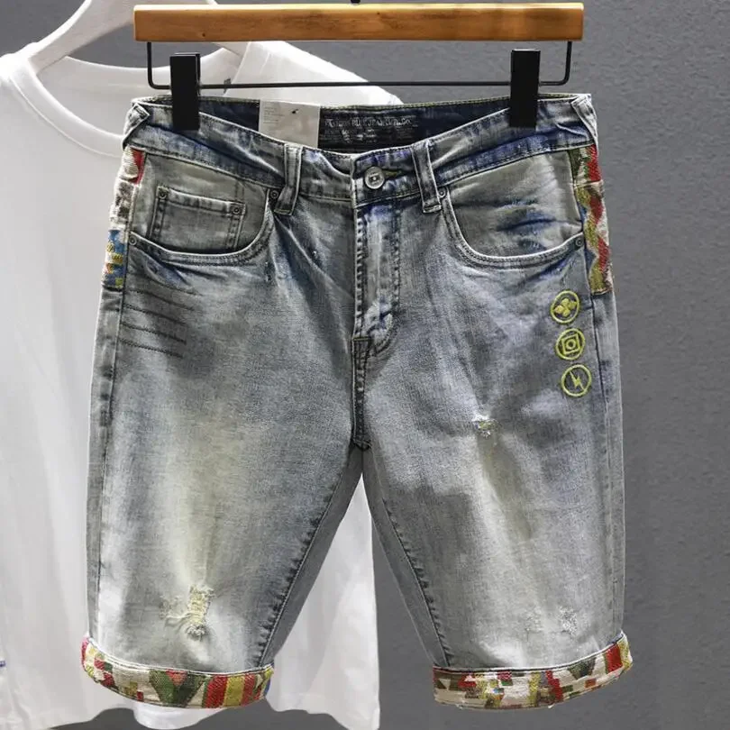 Men Denim Shorts Jeans Stretch Holes Casual Denim Jeans Shorts New Summer Man Thin Elastic Fit Jeans High Quality Cotton Shorts