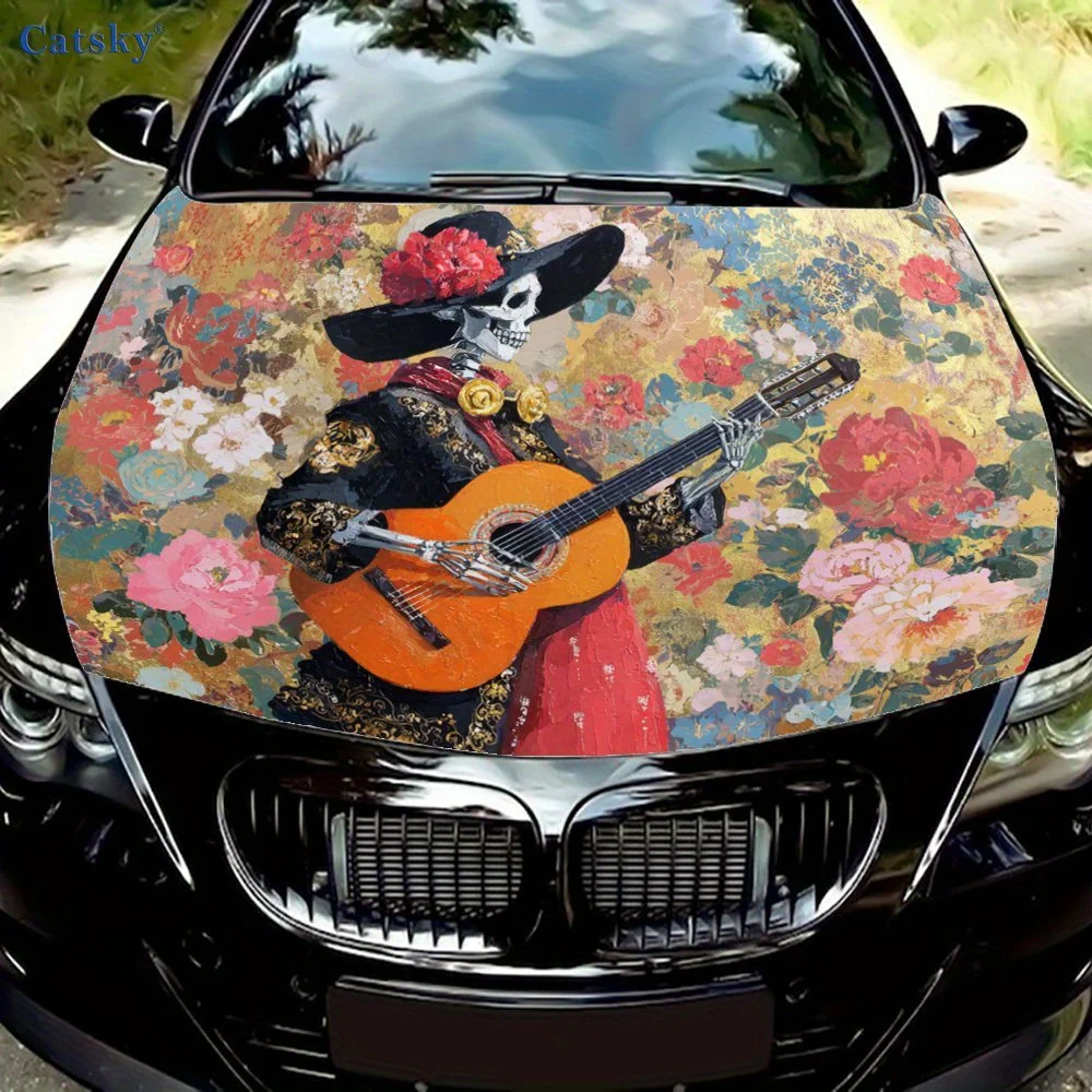 

Череп Леди Играет на гитаре Упаковочная наклейка на капот автомобиля, материал ПВХ, самоклеящаяся водонепроницаемая, противоскользящая краска, внешний вид автомобиля