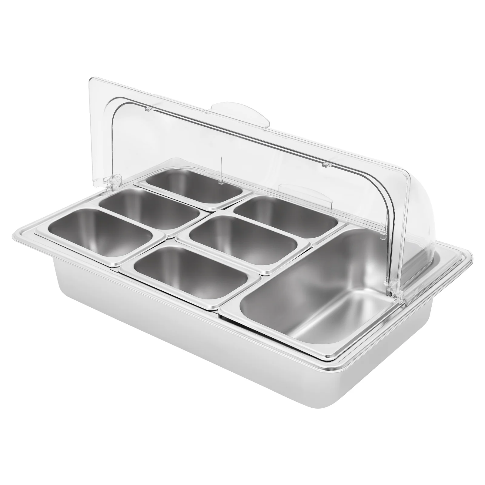 7 مقلاة من الفولاذ المقاوم للصدأ لخدمة الطعام، حاوية عرض كونترتوب، صينية بوفيه مع غطاء علوي شفاف لمطعم المطبخ #6