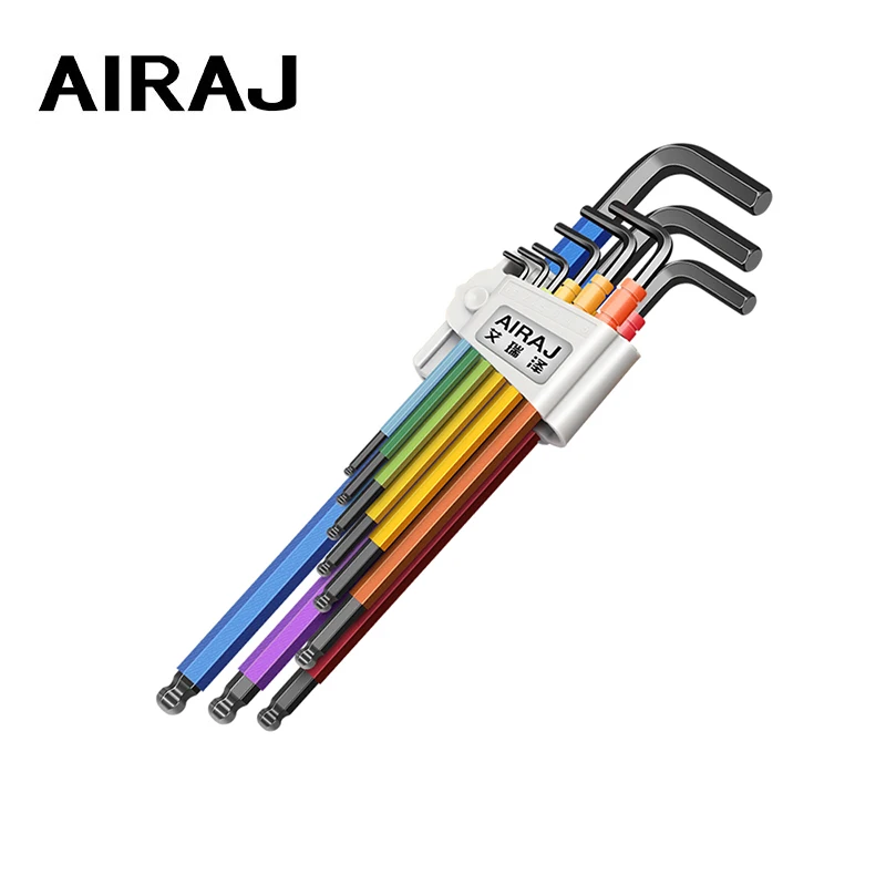 

AIRAJ 9Pcs Hex Key Allen Wrench Set Adjustable Spanner Portable L-Shape Screw Nuts Wrenches Ball Hexagon S2 Steel Repair Tools