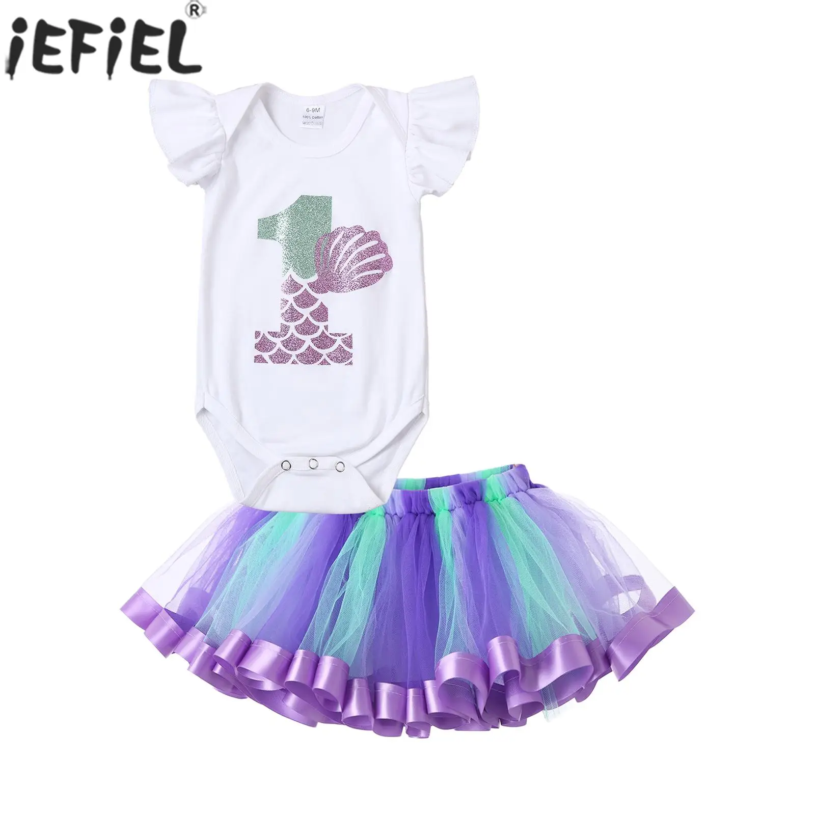 Baby Girl 1st Birthday Party Outfit Mermaid Princess Tutu Flutter Sleeve Print Rompers with Tulle Tutu Skirt for Wedding Evening