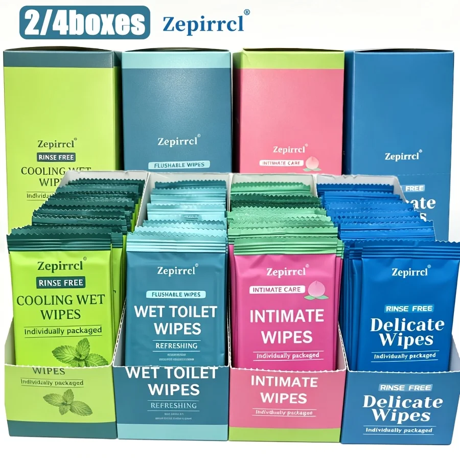 2/4 Boxes, Assorted Personal Care Wipes Variety Pack - Flushable Wet Toilet Paper, Multi-Purpose Cleansing Wipes, Feminine Intimate Care Wipes & Refreshing Cooling Wipes for Daily Hygiene. 60sheets/box