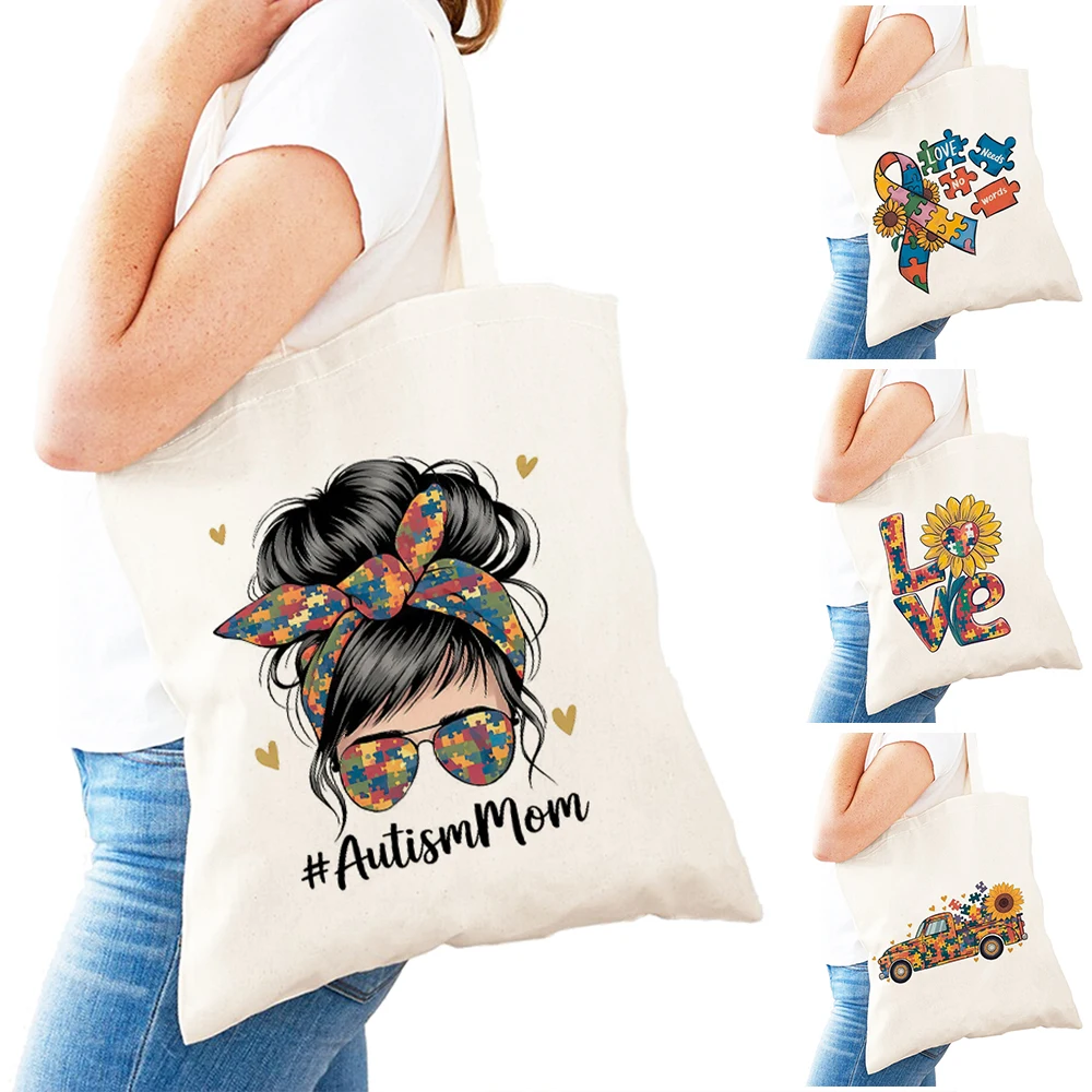 

Casual Autism Mom Lady Daily use Bag Puzzle Ribbon Women Shopping Shoulder Handbag Double Print Sunflower Love Girl Shopper Bags
