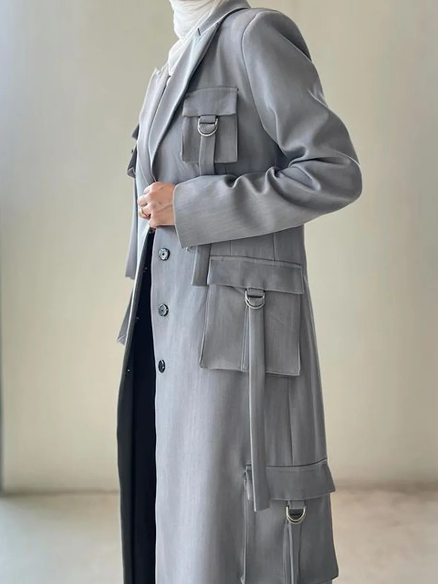 Grey Cotton Women Suit Skirt Long Blazer Windbreaker Prom Dress Autumn Formal Office Lady Business Jacket Coat Outfit Pocket