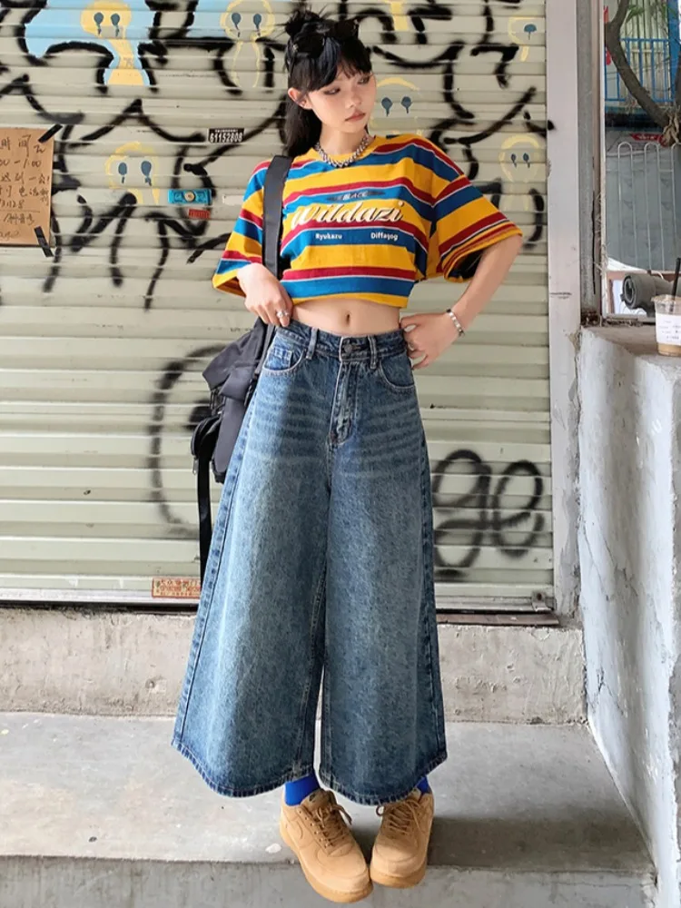 Blue Women's Shorts Jeans High Waist Straight Pants Streetwear Y2K Vintage Female Wide Leg Denim Five Points Boyfriend Trouser