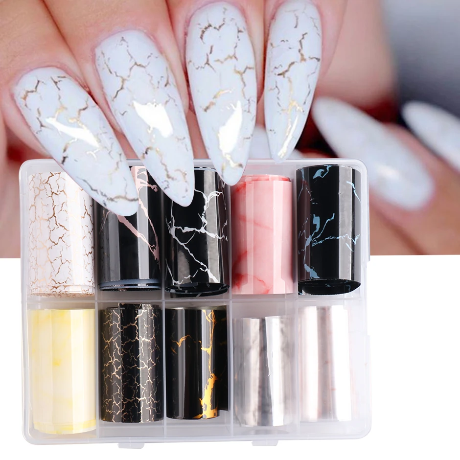 10 Roll/Box Marble Gold Foils Nail Stickers Holographic Iridescent Marble White Black Transfer Paper Decal Manicure Decor SACX04