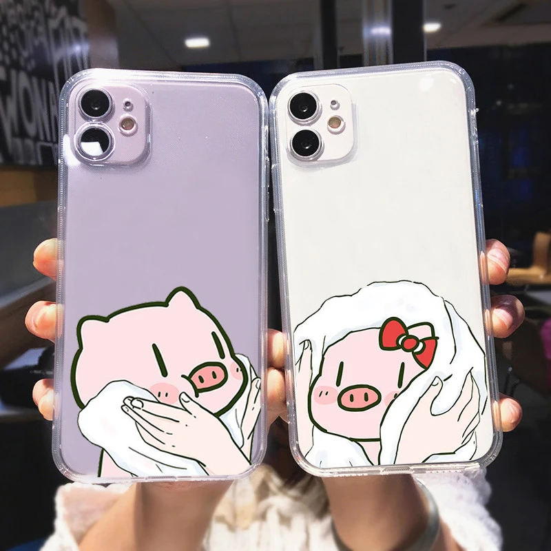 Cute Animal Pig Rabbit Sweethearts Lovers Phone Case for iPhone 13 12 14 11 Pro Max Mini XR XS Max 7 8 Plus SE Couple Cover Bag