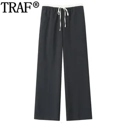 TRAF 2023 Pants For Women Striped Wide Leg Pants High Waist Baggy Trousers Autumn Office Wear Casual Summer Woman Fluid Pants