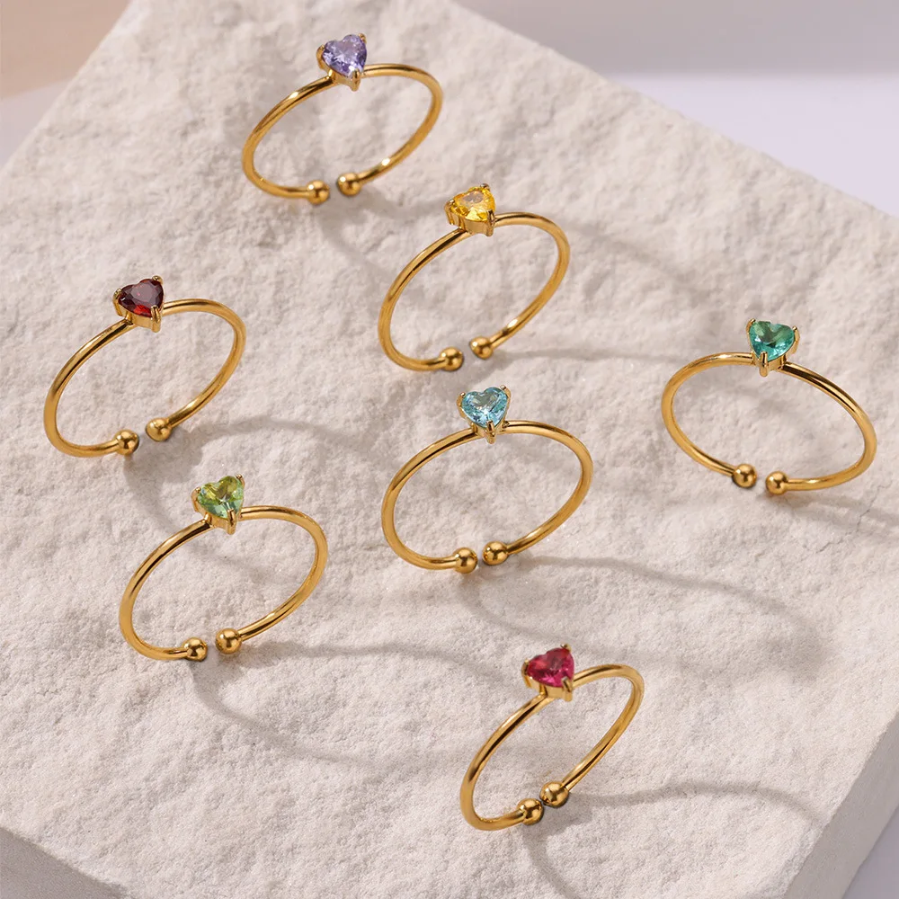 

Stainless Steel Birthstone Open Rings for Women Fashion 12-color Crystal Zircon Heart Ring Birthday Aesthetic Jewelry Gift