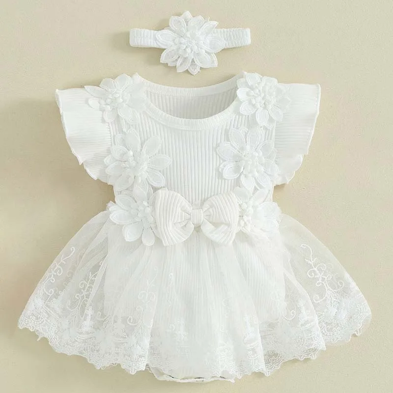 

Christening Clothes Baby Girl White Flower Baptism Dress for Newborn Princess Puffy Dresses+Headband First Birthday Dress Ropa
