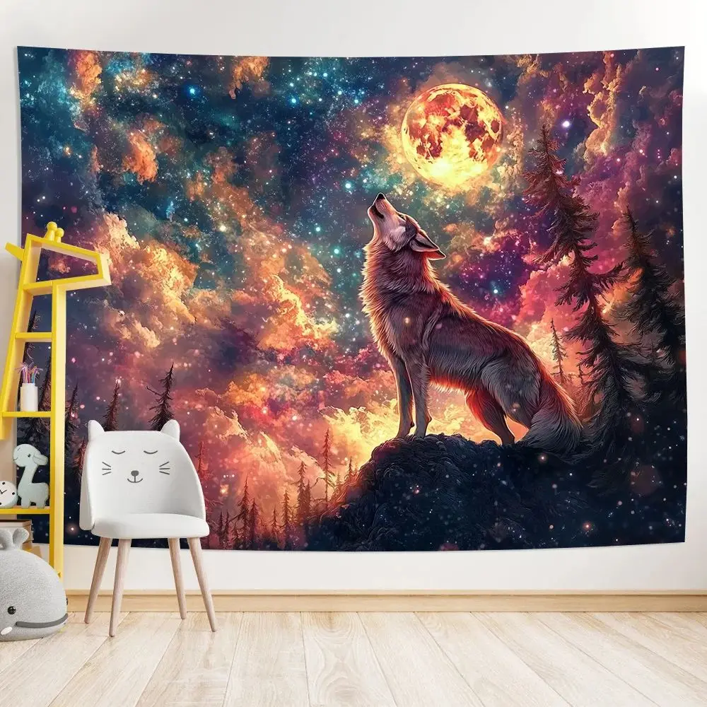The Howl of The Wolf King on The Moonlight Woven Tapestry, The Starry Sky Gradually Changing Into A Nordic Style Tapestry.