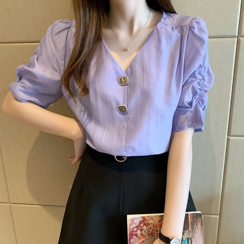 Fashion Puff Sleeve V-Neck Button Short Sleeve Chiffon Blouse Loose Elegant Summer Commute Women\'s Clothing Casual Female Shirt