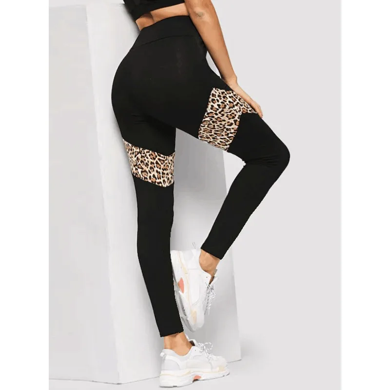 Krisnanas Leopard Print Sporty Pants for Women 2025 Skinny High Waist Patchwork Hip Fitness Workout Breathable Yoga Pants 29763