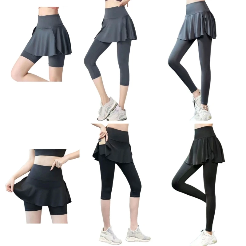 Womens Stretchy Athletic Pants High Waist 2 in 1 Yoga Capris Slimming Exercise Shorts with Pleated Skirt Sport Leggings