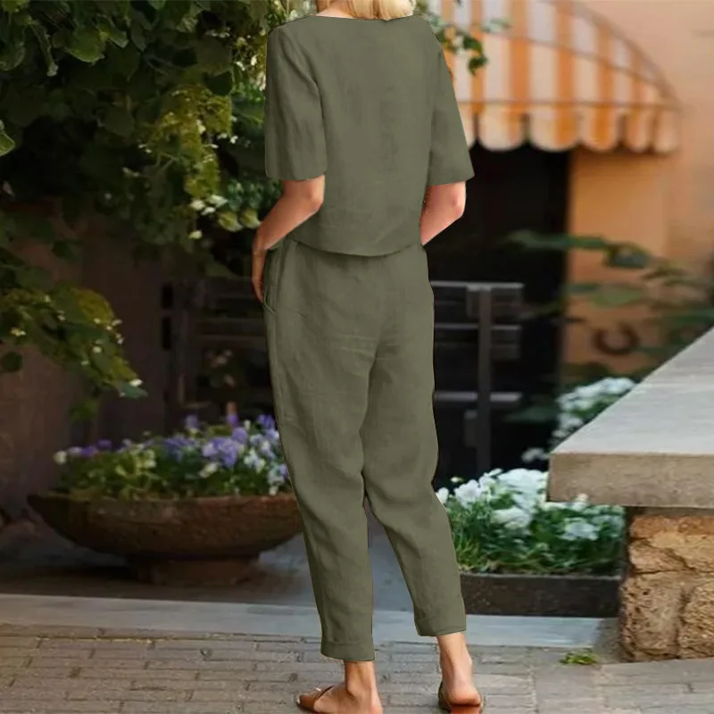 Fashion Women\'s Cotton Hemp Summer Khaki Round Neck Short Sleeve Loose Top High Waist Pocket Wide Leg Pants Retro 2 Piece Set